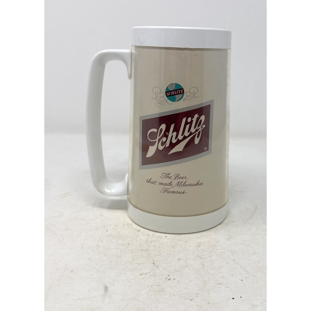 Schlitz Logo Beer Plastic‎ Stein Mug Thermo-Serv White Handle Insulated Vintage.
